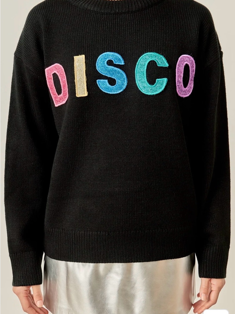 English Factory Black Crewneck Sweater with Multicolor 'DISCO' Appliqué